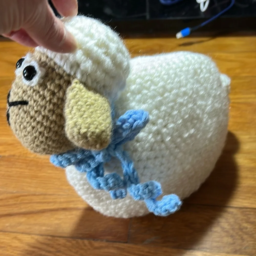 New Hand Crochet White and Tan Fluffy Sheep Pillow